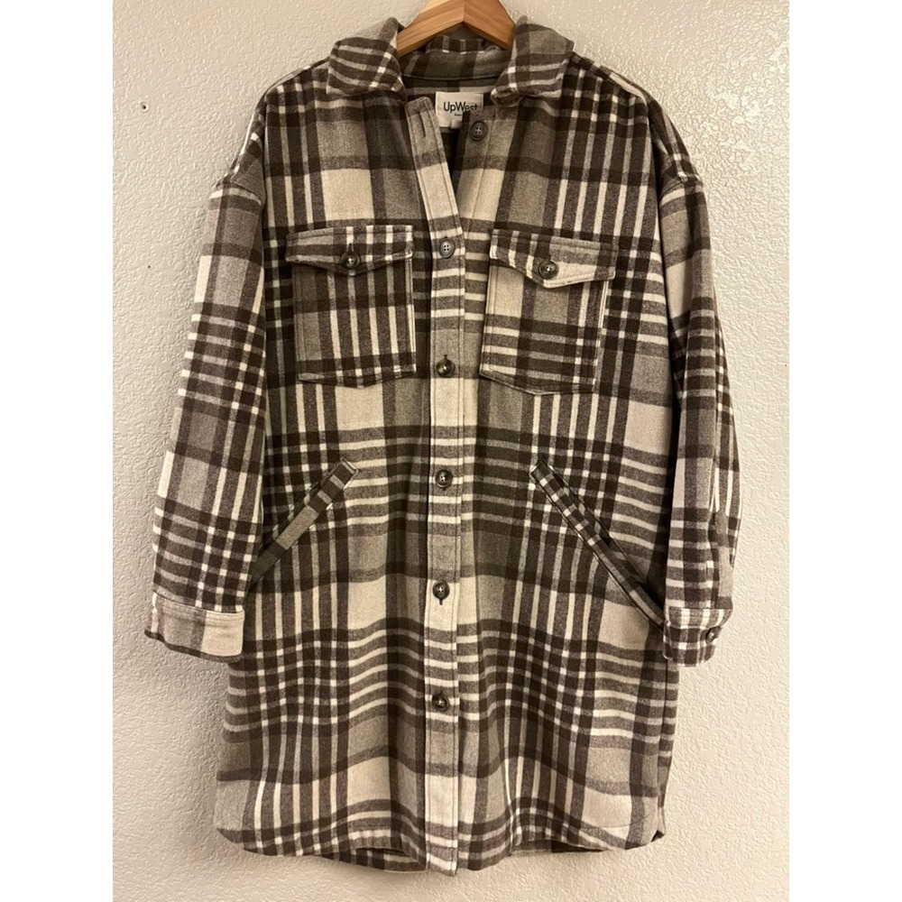 UpWest Plaid Wool‎ Blend Shacket Brown Cream Longline Shirt Jacket Womens Large